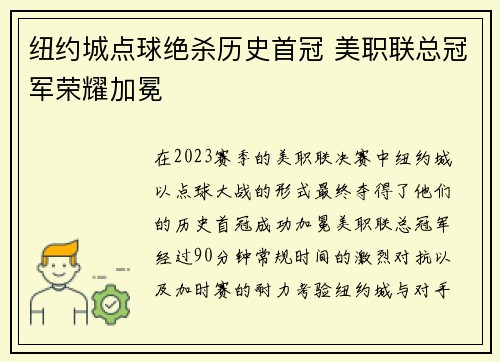 纽约城点球绝杀历史首冠 美职联总冠军荣耀加冕 纽约城点球绝杀历史首冠 美职联总冠军荣耀加冕