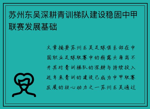 苏州东吴深耕青训梯队建设稳固中甲联赛发展基础